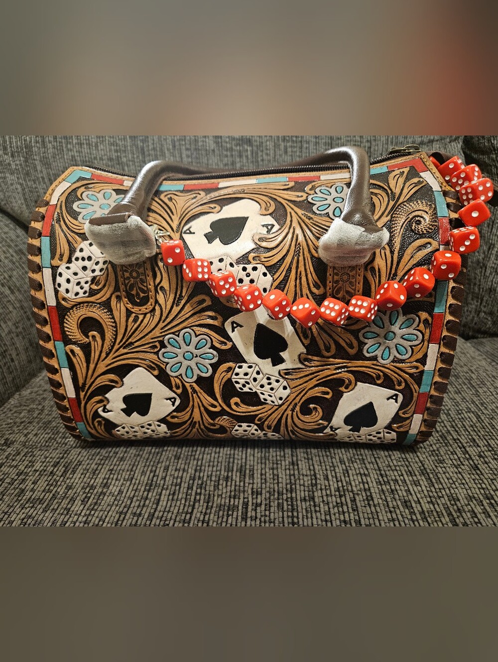 Women’s Brown Poker-Print Handbag with Red Dice Charm | Medium Speedy
